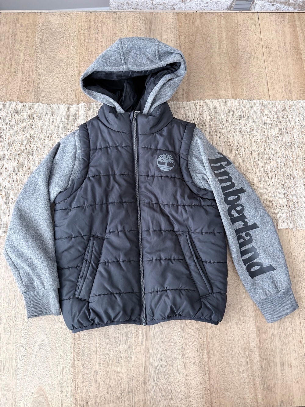 Timberland Gray Quilted Puffer Jacket with Heathered Sleeves 7/8 BOYS